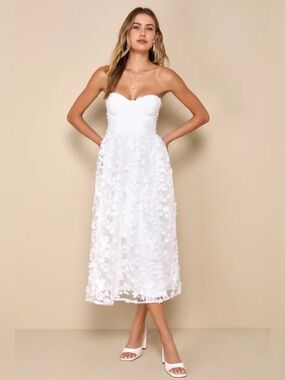 Quite Perfect White Floral Embroidered Strapless Midi Dress Style 2294471